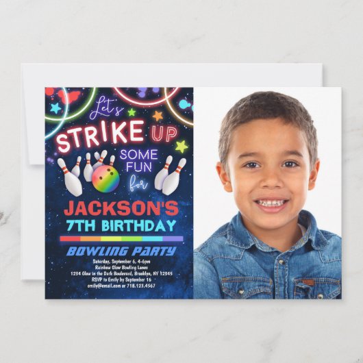 ボーイズボーリング誕生日パーティフォト招待状 招待状 (正面)