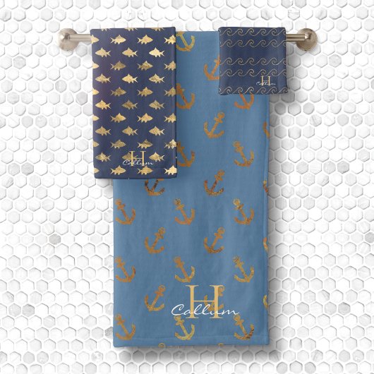 ボーイズメタリックモノグラムの金ゴールドネイビーブルーセーラー バスタオルセット