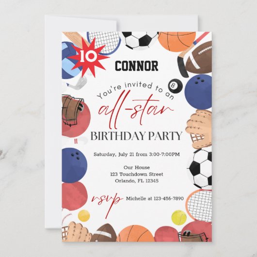 ボーイズモダンおもしろいスポーツ子供の誕生日招待状 招待状 (正面)