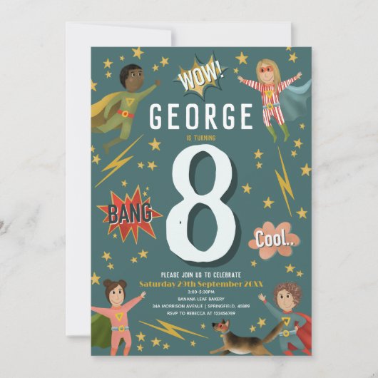 ボーイズモダンアクションスーパーヒーロー子供の誕生日 招待状 (正面)