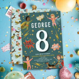 ボーイズモダンアクションスーパーヒーロー子供の誕生日 招待状