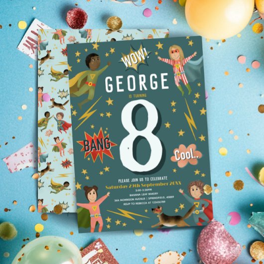 ボーイズモダンアクションスーパーヒーロー子供の誕生日 招待状