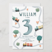 ボーイズモダンキュートブルートレイン子供の誕生日 招待状 (正面)