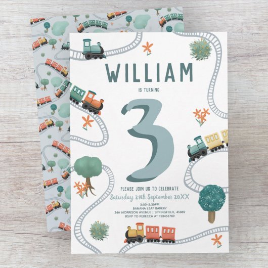 ボーイズモダンキュートブルートレイン子供の誕生日 招待状