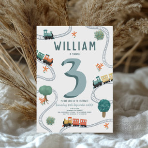 ボーイズモダンキュートブルートレイン子供の誕生日 招待状