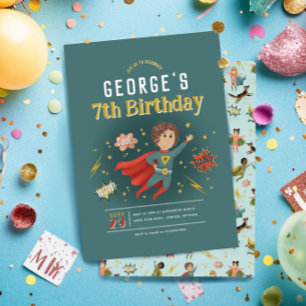 ボーイズモダンスーパーヒーロー漫画ブック子供の誕生日 招待状