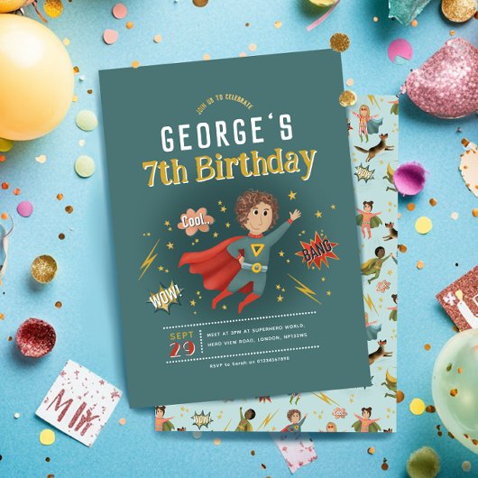 ボーイズモダンスーパーヒーロー漫画ブック子供の誕生日 招待状