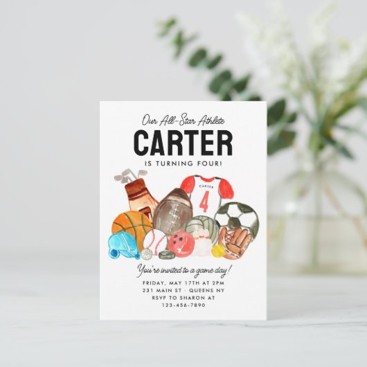 ボーイズモダンズスポーツボールオールスター子供の誕生日 ポストカード (スタンド正面)