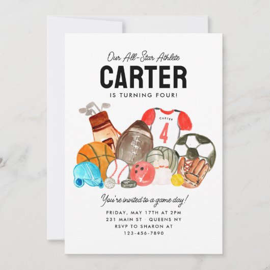 ボーイズモダンズスポーツボールオールスター子供の誕生日 招待状 (正面)