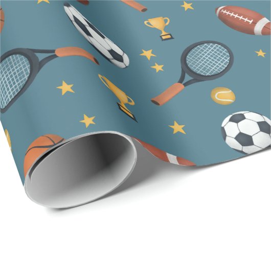 ボーイズモダンブルースポーツサッカー子供の誕生日 ラッピングペーパー (ロールコーナー)