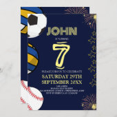 ボーイズモダンブルースポーツ子供の誕生日招待状 招待状 (正面/裏面)