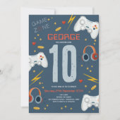 ボーイズモダンブルービデオゲーム子供の誕生日 招待状 (正面)