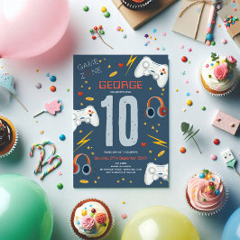 ボーイズモダンブルービデオゲーム子供の誕生日 招待状