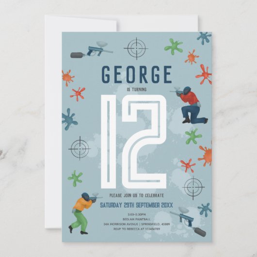 ボーイズモダンブルーペイントボールパーティー子供の誕生日 招待状 (正面)