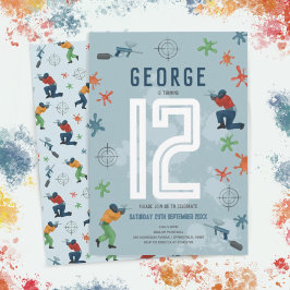 ボーイズモダンブルーペイントボールパーティー子供の誕生日 招待状