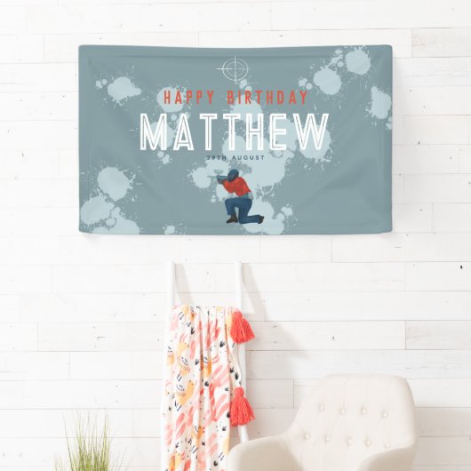 ボーイズモダンブルーペイントボールパーティー子供の誕生日 横断幕 (インサイチュ)