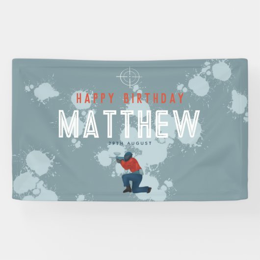 ボーイズモダンブルーペイントボールパーティー子供の誕生日 横断幕 (横)