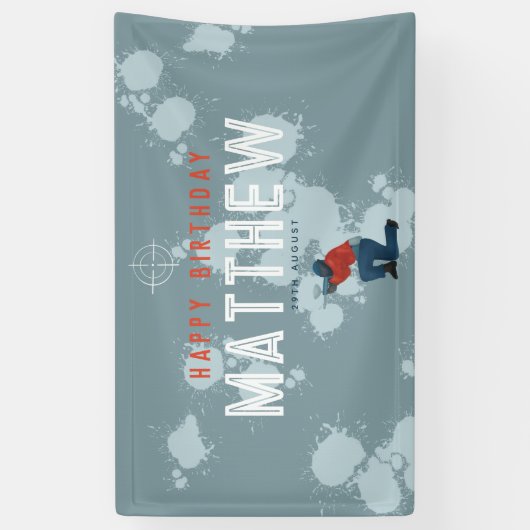 ボーイズモダンブルーペイントボールパーティー子供の誕生日 横断幕 (縦)