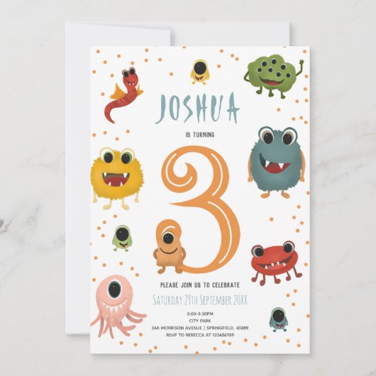 ボーイズモダンブルーモンスターエイリアン子供の誕生日 招待状 (正面)