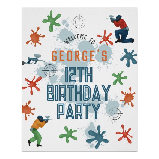 ボーイズモダンペイントボール誕生日パーティー歓迎サイン ポスター (正面)