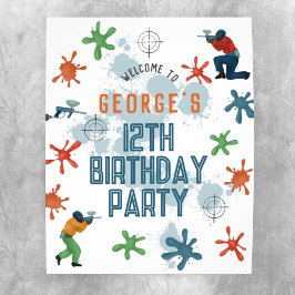 ボーイズモダンペイントボール誕生日パーティー歓迎サイン ポスター