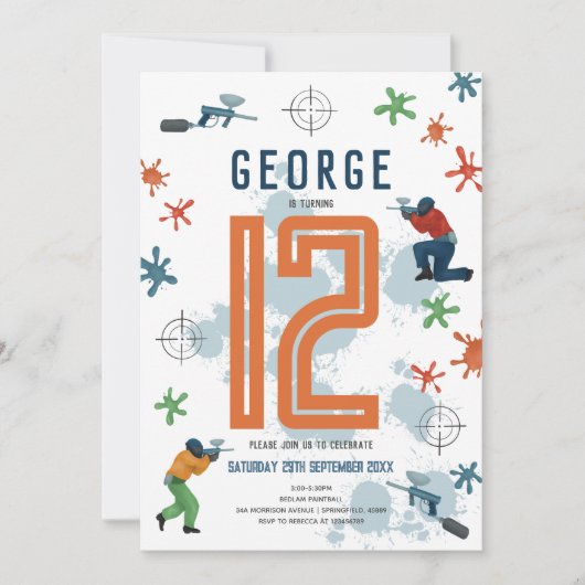 ボーイズモダンペイントボール(ばちゃばちゃ)跳ねるパーティー子供の誕生日 招待状 (正面)