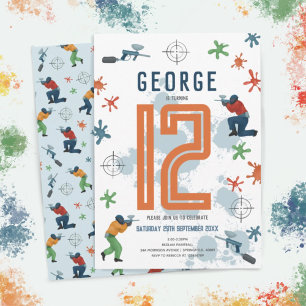 ボーイズモダンペイントボール（ばちゃばちゃ）跳ねるパーティー子供の誕生日 招待状