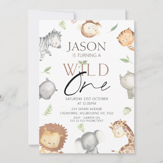 ボーイズモダンミニマリストサファリワイルドワン誕生日 招待状 (正面)