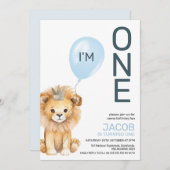 ボーイズモダンライオンクラウンバルーン1st誕生日 招待状 (正面/裏面)