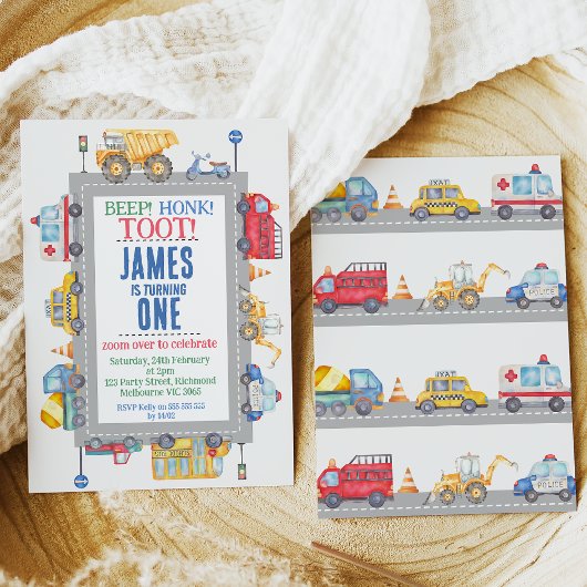 ボーイズモダンロードトランスポート1st誕生日招待状 招待状