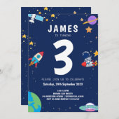 ボーイズモダン宇宙ネイビー子供の誕生日 招待状 (正面/裏面)