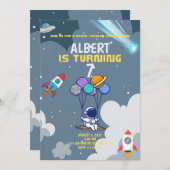 ボーイズモダン宇宙飛行士グレー子供の誕生日 招待状 (正面/裏面)