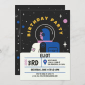 ボーイズモダン宇宙飛行士ブラック子供の誕生日 招待状 (正面/裏面)
