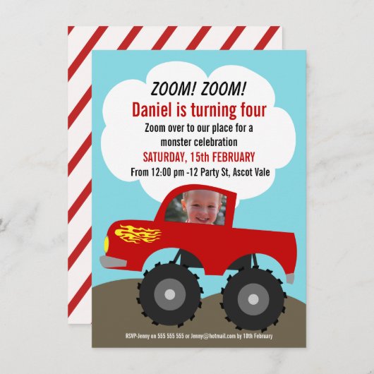ボーイズモンスタートラックフォト誕生日招待状 招待状 (正面/裏面)
