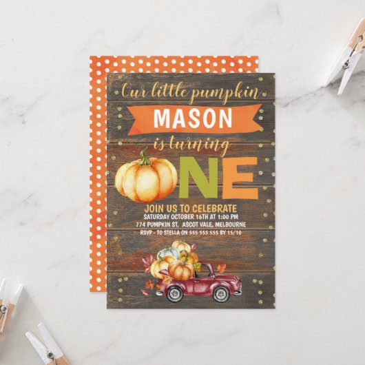 ボーイズリトルパンプキントラック第1バースデー招待状 招待状 (正面/裏面インサイチュ)