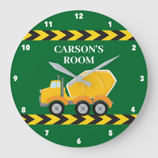 ボーイズルームグリーンミキサートラックカスタムキッズベッドルーム ラージ壁時計 (正面)