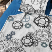 ボーイズルームDecor F用ブルーグレーホワイトギアパターン フリースブランケット