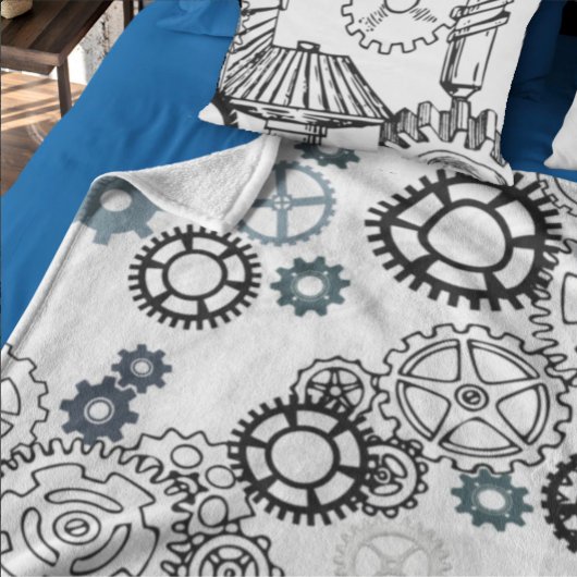 ボーイズルームDecor F用ブルーグレーホワイトギアパターン フリースブランケット