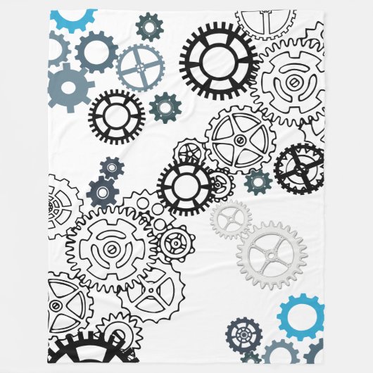 ボーイズルームDecor F用ブルーグレーホワイトギアパターン フリースブランケット (正面)