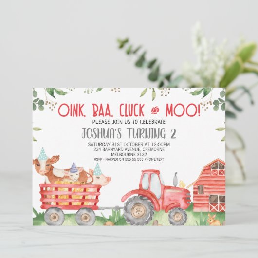 ボーイズレッドトラクタファームアニマルズ誕生日招待状 招待状 (スタンド正面)