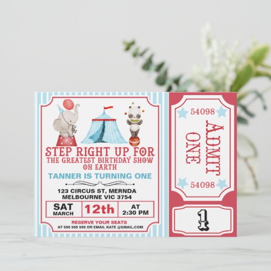 ボーイズレッドブルー素晴らしショーサーカスチケット誕生日 招待状 (スタンド正面)