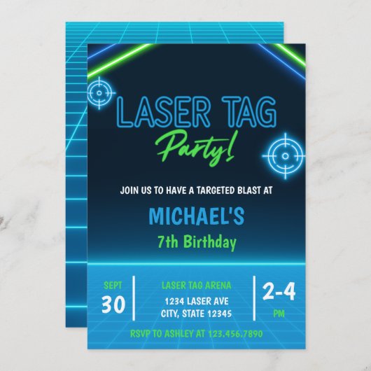 ボーイズレーザーラベルネオングロー誕生日 招待状 (正面/裏面)