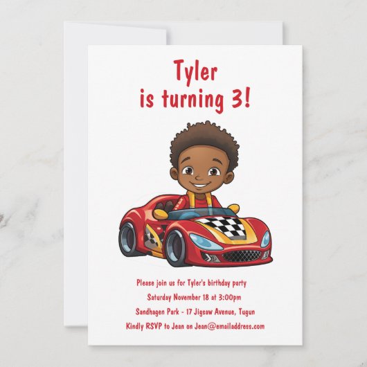 ボーイズレースカー子供の誕生日パーティー 招待状 (正面)