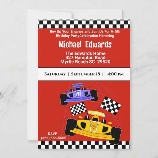 ボーイズレースカー誕生日招待状 招待状 (正面)