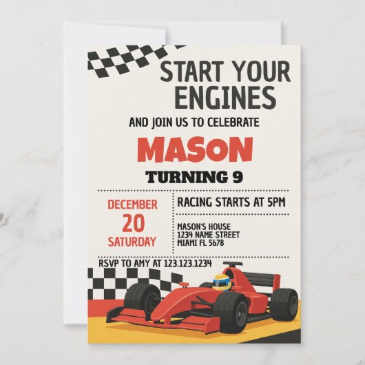 ボーイズレースカー誕生日招待状 招待状 (正面)