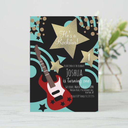 ボーイズロックスターギタフェイクー金ゴールドスターロックパーティー 招待状
