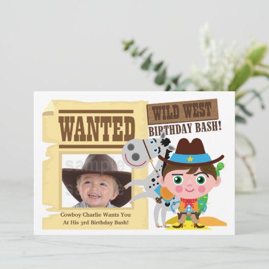 ボーイズワイルドウェストウエスタンカウボーイ誕生日招待状 招待状 (スタンド正面)