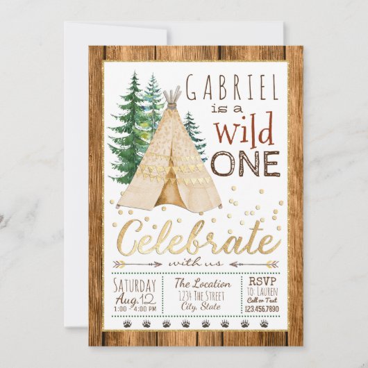 ボーイズワイルドワントライバルティーピーファースト誕生日 招待状 (正面)