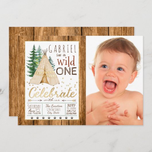 ボーイズワイルドワントライバルティーピーファースト誕生日 招待状 (正面/裏面)