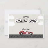 ボーイズヴィンテージレッドレースカー誕生日パーティー サンキューカード (正面)